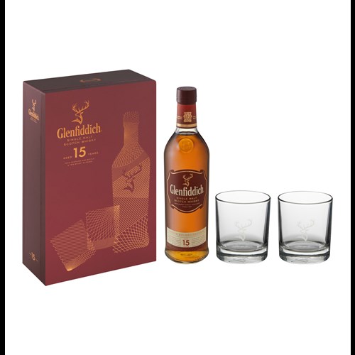 Glenfiddich 15 Year Old Whisky Gift Box with 2 Glasses